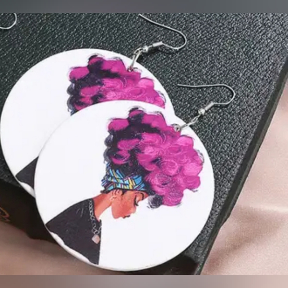 Pink Hair Afrocentric Wood Dangle Pierced Earrings
